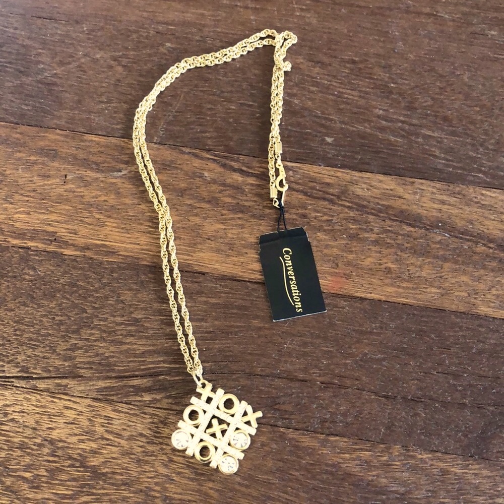 Gold Tic Tac Toe Pendant Necklace Crystal XO Charm Necklace Statement Gold Chain